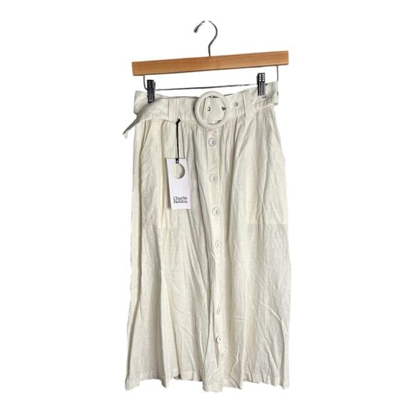 Charlie Holiday White Button Front Linen Belted Skirt Size 4 - Picture 1 of 6